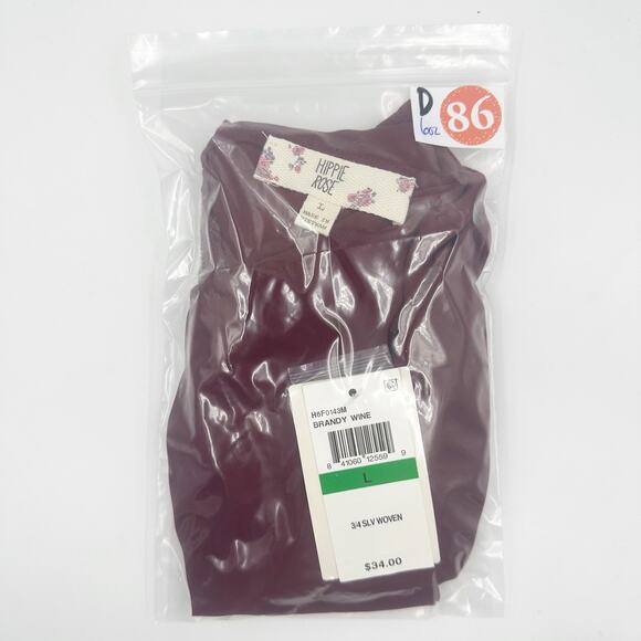 Hippie Rose BURGUNDY Red Wine Roll Tab Sleeve Top Blouse Popover L Large NEW NWT - Picture 8 of 8